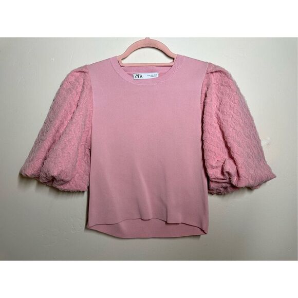Zara Pink Crinkle Puff Sleeve Cropped Top Size Medium - Picture 2 of 4
